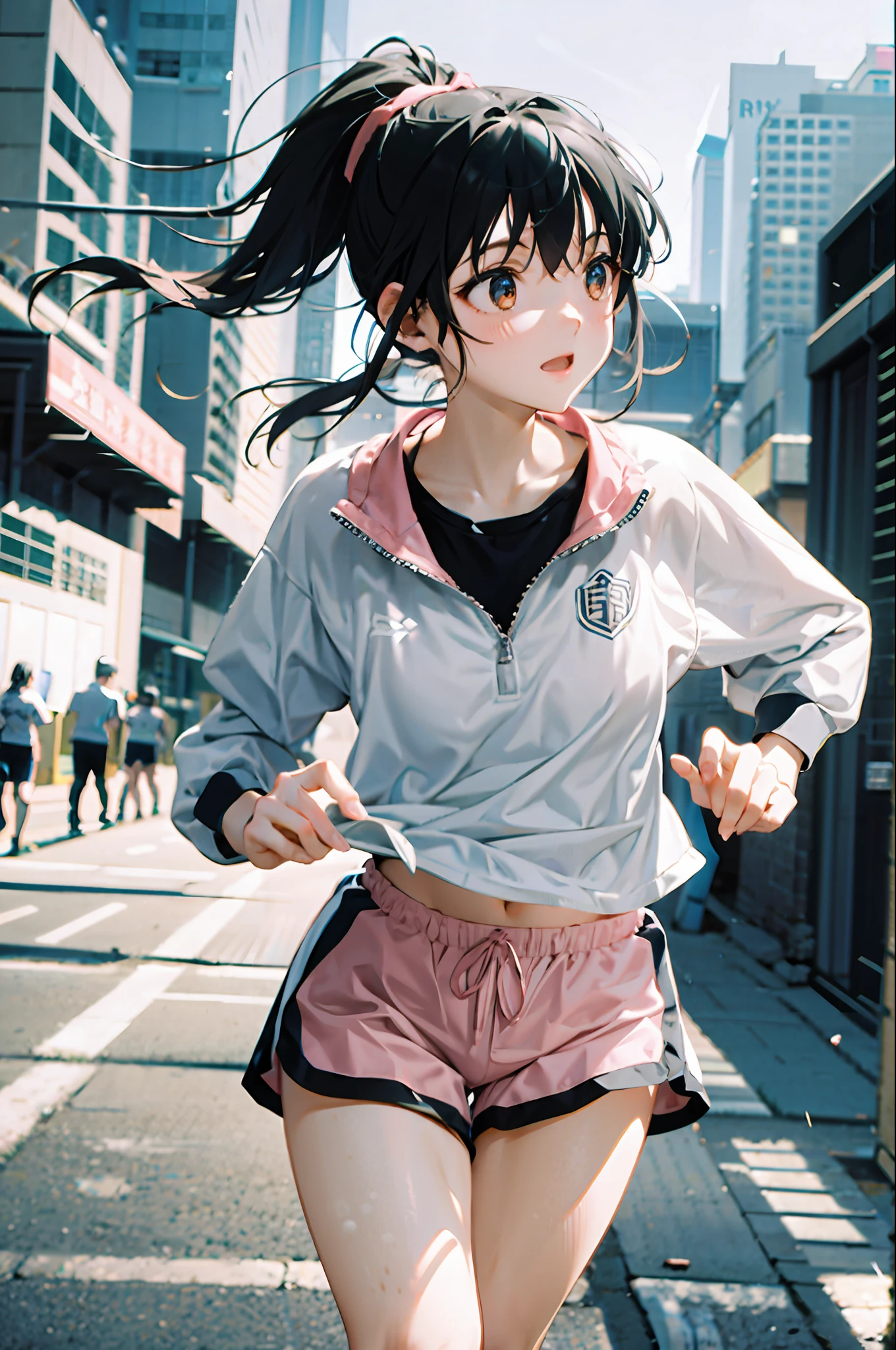 1 girl, solo, running, Gray Track Top, pink shorts, ponytail, athletic build, dynamic brushstrokes, fluid movement, capturing the essence of her athleticism and energy, using light colors and soft tones to create a dreamy and ethereal atmosphere, portraying the motion and grace of running, showing the wind blowing her ponytail and clothes, and the scenery of her surroundings.

outdoors, detailed background, Modern metropolis,