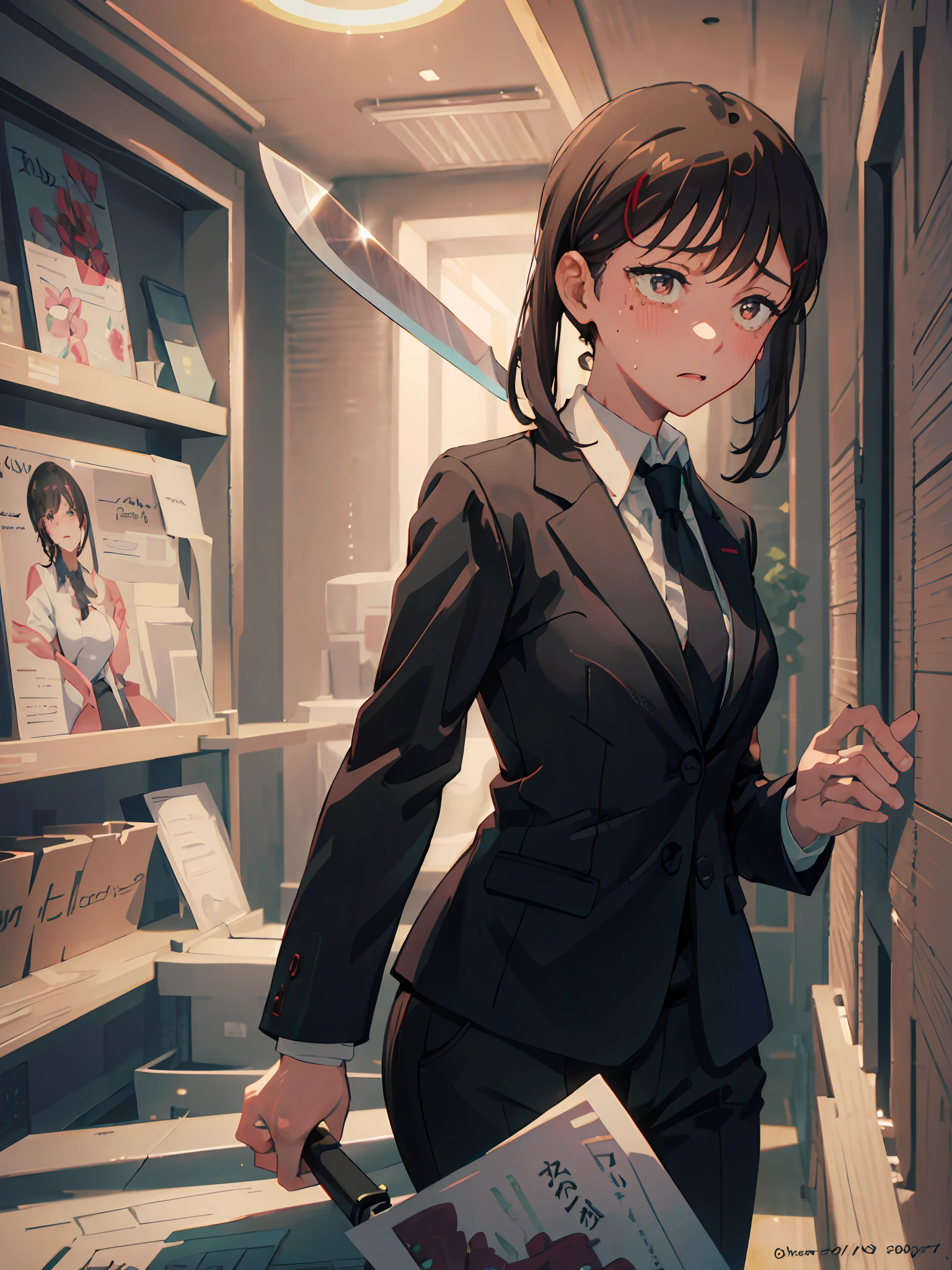 detailed, 8k, detailed shadow, looking at the audience, 1girl, solo, (sfw), (masterpiece:1.2), best quality, masterpiece, highres, original, extremely detailed wallpaper, (ultra-detailed), (best illustration), (best shadow), (realism), small breasts, perky breasts, commercial suit, knife in hand, crazy look, crazy eyes, sick, sweaty, crying, blushing, blazer, black tie, white collar shirt, (brown eyes), facing forward