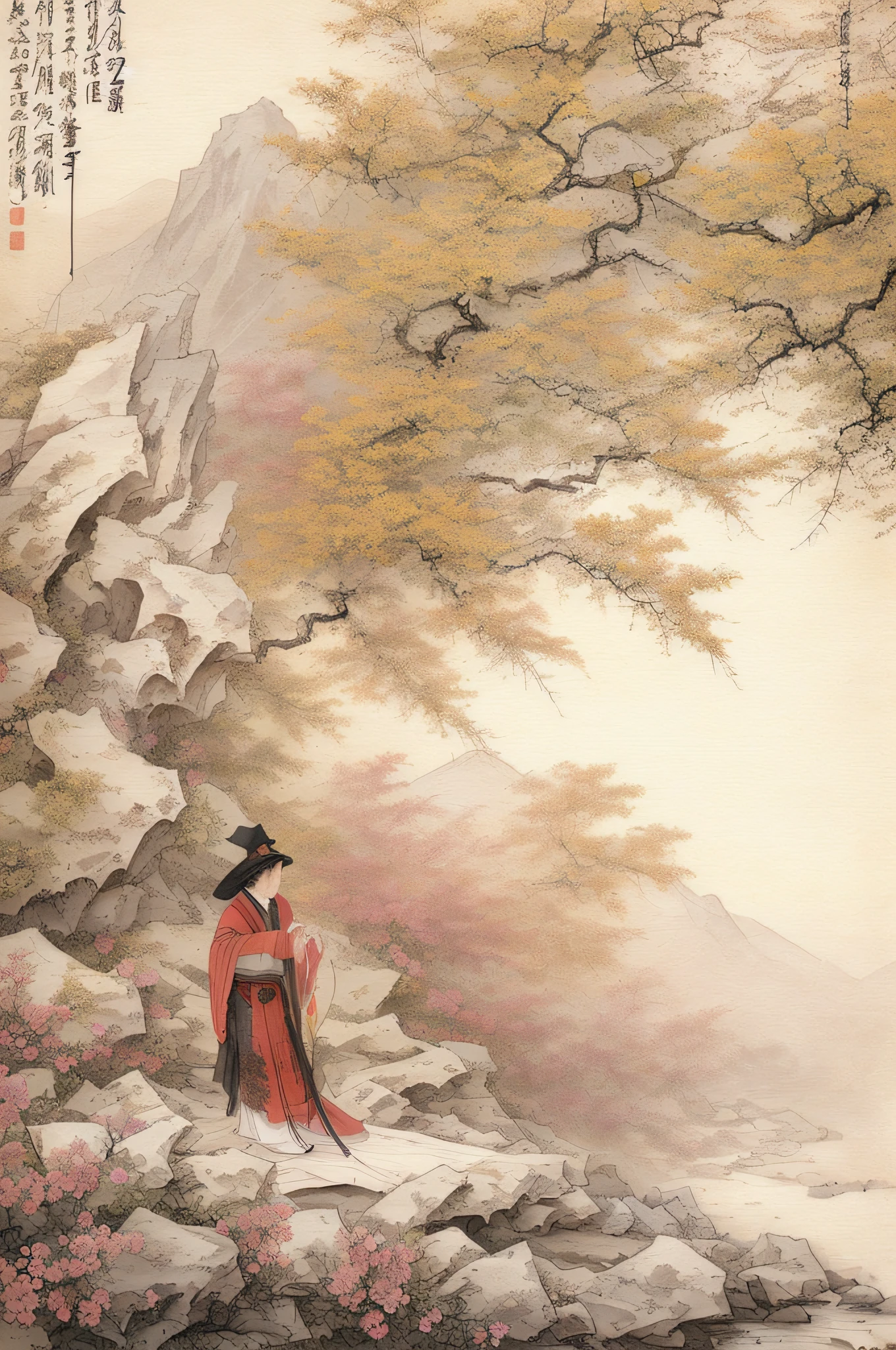 Masterpiece, Superb Piece, (Full Body: 1.3), Solo, Chinese Painting, Tang, Old Man Playing Guzheng, Colorful, Clear and Sharp Focus, Instagram Most Watched, Concept Artist, Distant Mountains, Depth of Field, Flowers, Shrubs