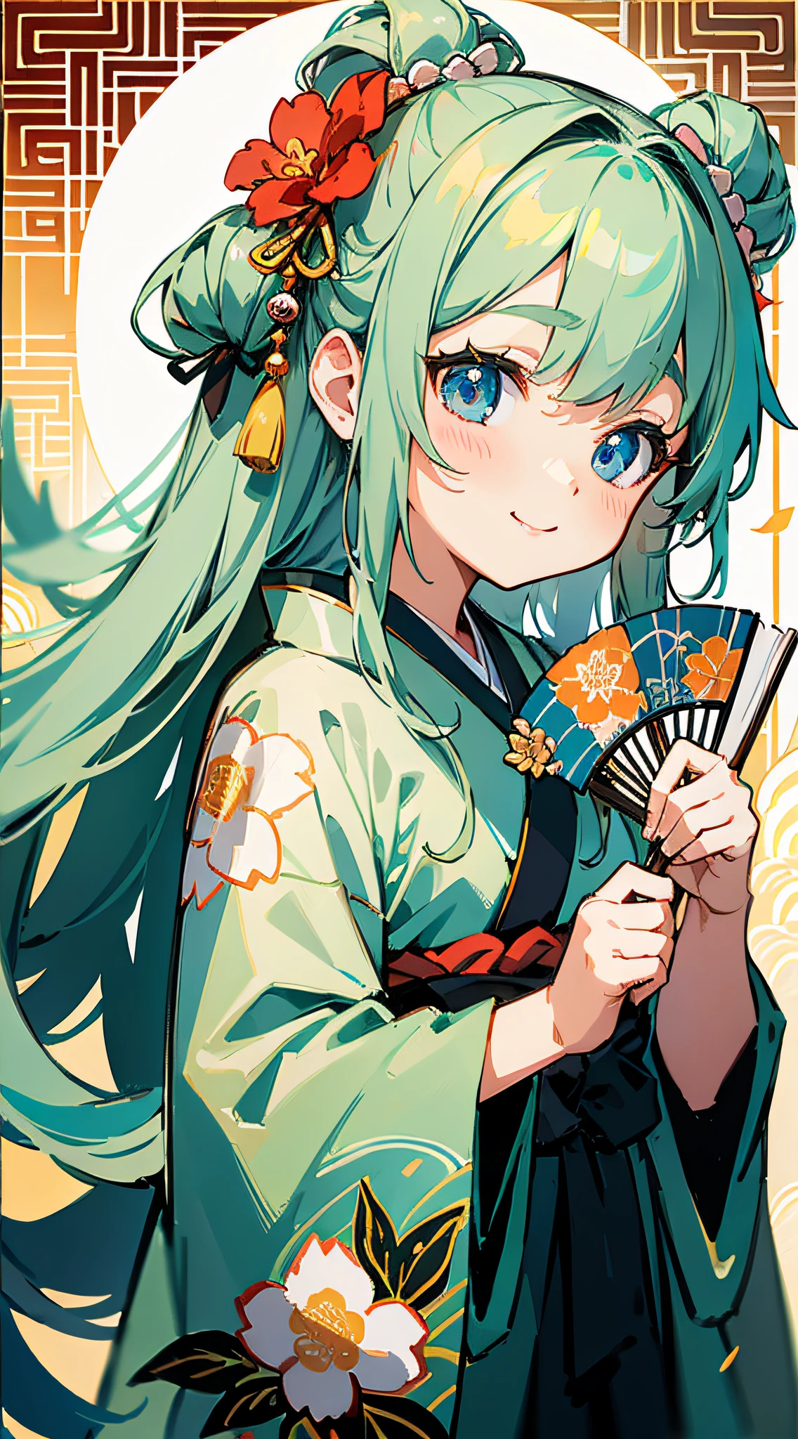 Masterpiece, super-high-resolution, cute girl, half-body, Chinese ancient style, gray long hair, green kimono, flower embellishment, blue eyes, hairpin, cute little loli, cute cute cute, thick paint, gentle smile, holding a fan