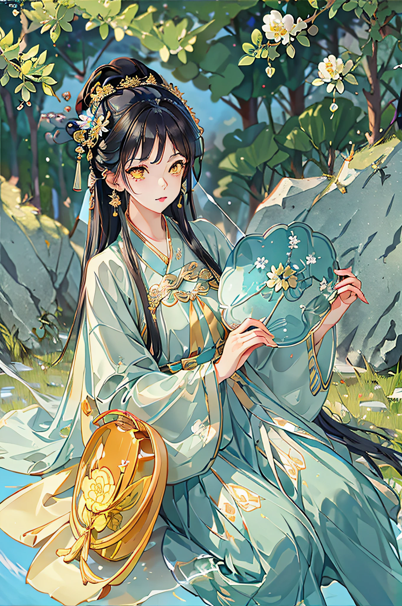 best quality, intricate details, highres,(beautiful detailed water:1.4),(hanfu, tang style),yellow eyes,(1girl in glass jar:1.1),