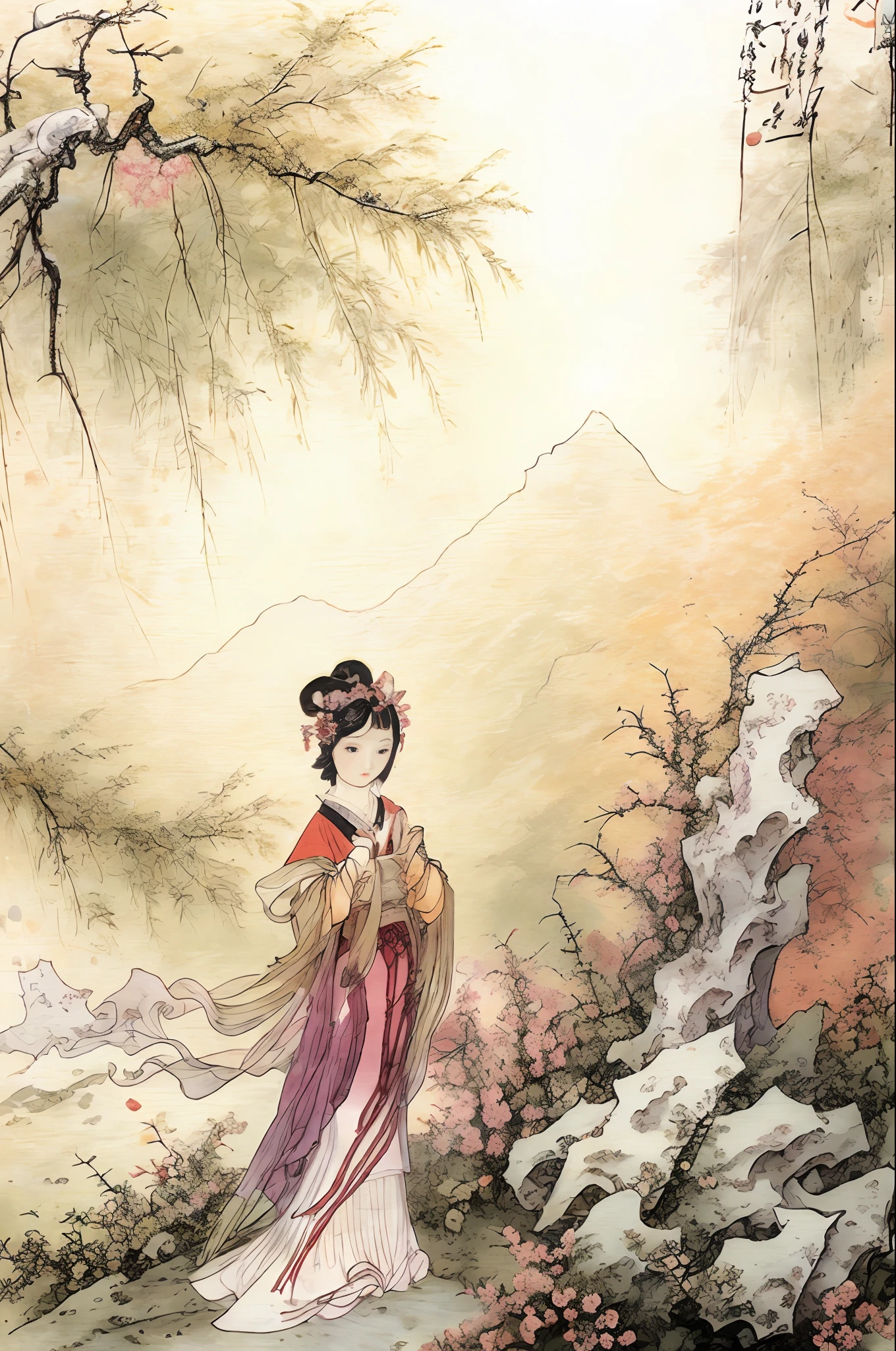 Masterpiece, Excellent, (Full body: 1.3), Solo, Chinese painting of Chinese girl beautiful face and eye details, tang, perfect skin, make happy expressions, gorgeous, pure, light makeup, jade jewelry, hair accessories, hair band, look at the audience, colorful, clear sharp focus, Instagram most watched, concept artist, distant mountains, depth of field, flowers, shrubs