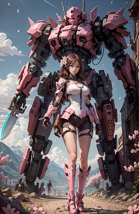 The mech warrior is stout and holding a huge weapon, and the mech beauty is holding a knife, cherry blossom pink