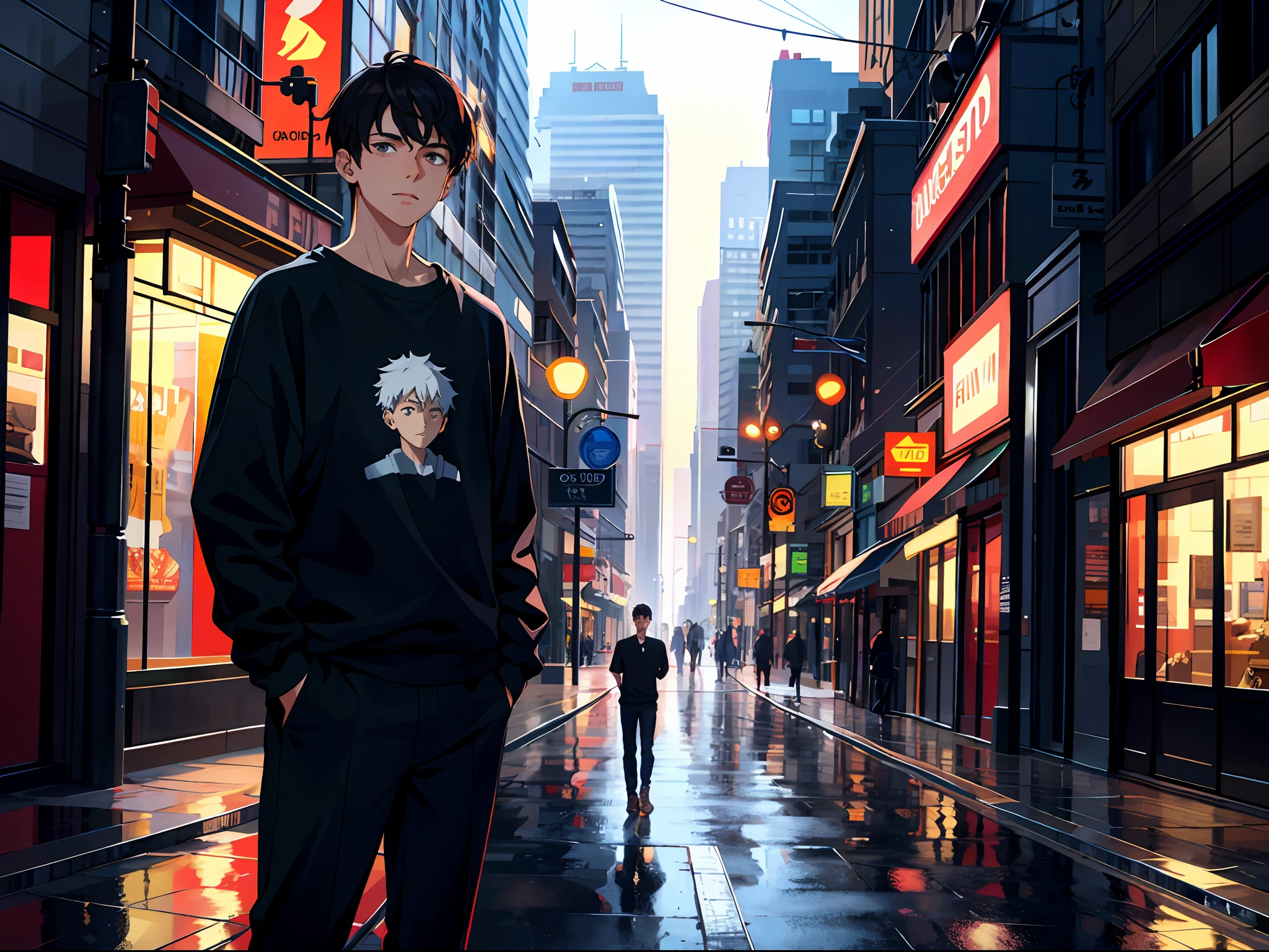 HD clear, best image, illustration quality, super detailed, clear face, a young man in a black casual sweatshirt, standing on the street during the day