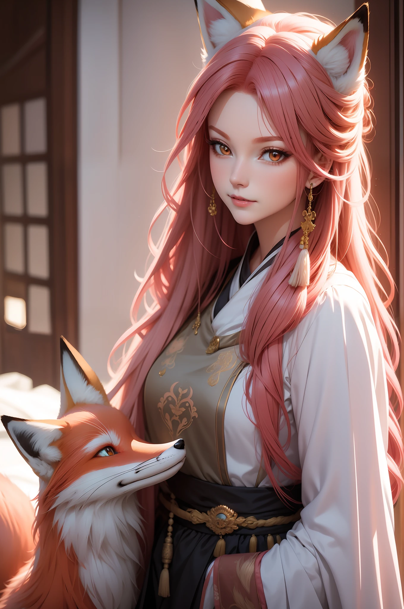 Fox, pink hair, antique,1gril,1fox