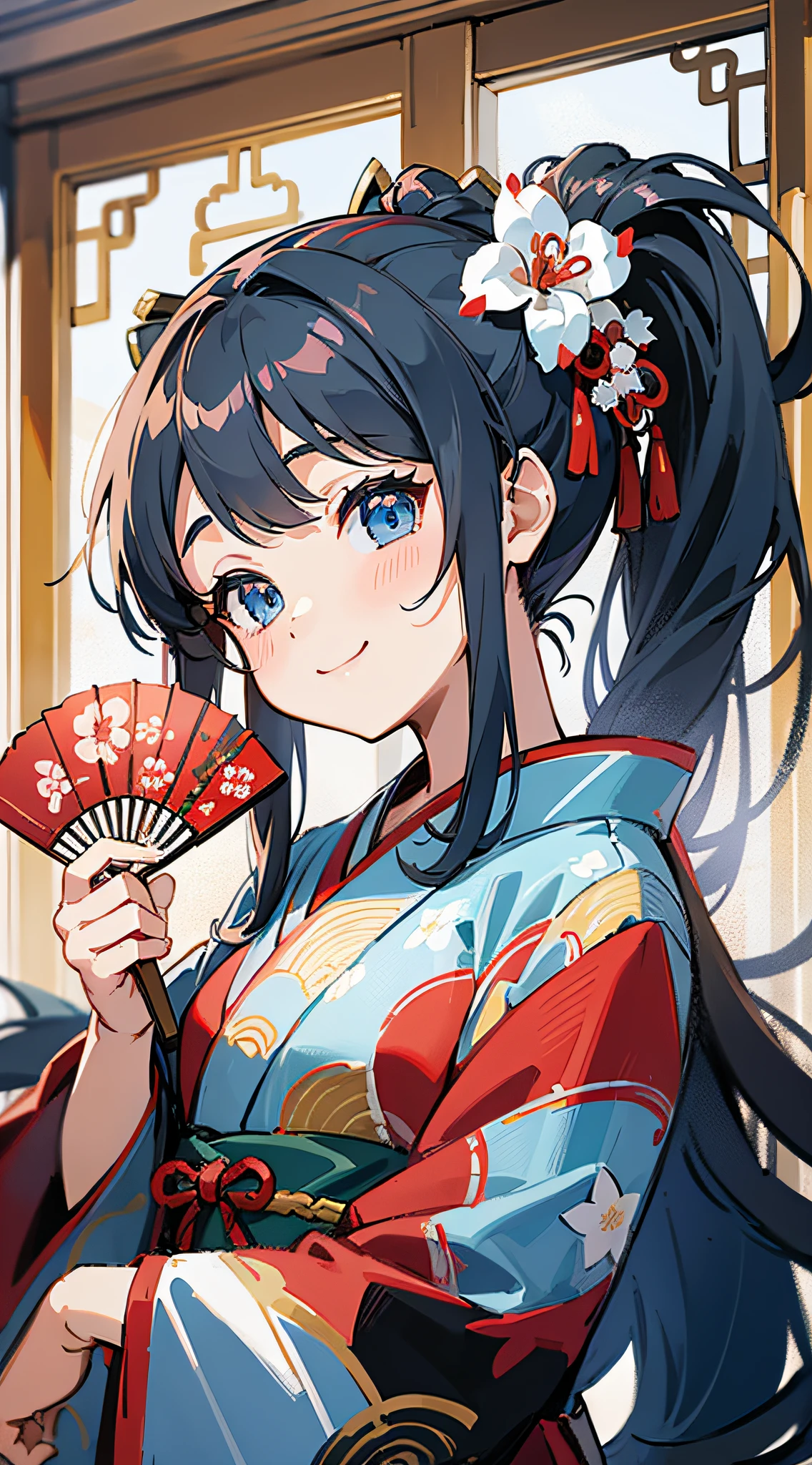 Masterpiece, super-high-resolution, cute girl, half-body, Chinese ancient style, gray long hair, red kimono, flowing long hair, double ponytail, flower embellishment, blue eyes, hairpin, cute little , cute cute cute, thick paint, gentle smile, holding a fan