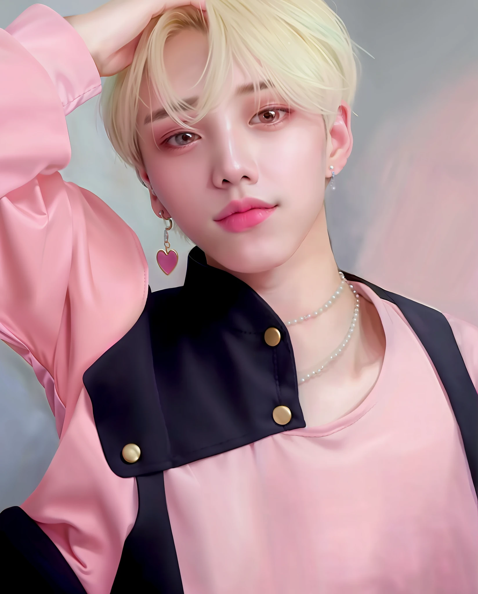 arafed image of a young man with a pink outfit, Wearing pink clothes, with choker no His neck, kim doyoung, cute boy, 1boycai xukun, jinyoung shin, male ulzzang, hong june hyung, inspired by jeonseok lee, hyung tae, portrait of kpop idol, an adorable korean face, yanjun chengt, happy, heart symbol with his hand, cheers, 8k, 16k, raw photography, masterpiece, uhd, sexy, blush cheeks, male idol, flat chest,