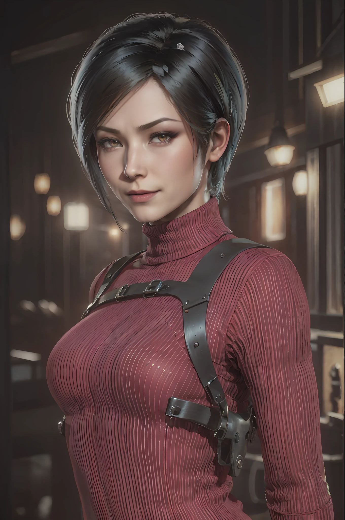 1 Mädchen, Allein, Es gibt einen Typen aus Resident Evil 4 Remake, Kurzes Haar, schwarzes Haar, Roter Pullover mit Rollkragen, Langarmkleid, schwarze enge Hose, Brust, Schenkel, butts, schwarze Absätze, Gesicht von Adriana, Betrachter suchen, hinterhältiges Lächeln, Pistole an ihrer Taille, beste Qualität, Hohe Auflösung:1.2, Dorf aus dem 18. Jahrhundert im Hintergrund, Schatten, Nachtzeit, Mondlicht, Oberkörperaufnahme, niedriger Kamerawinkel, Tiefenschärfe, Fokus zentrieren