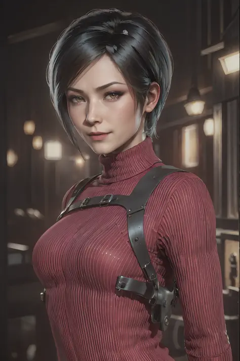 1 girl, solo, Ada Wong from Resident Evil 4 Remake, short hair, black hair, Red Sweater Turtleneck Dress, long sleeve drees, bla...