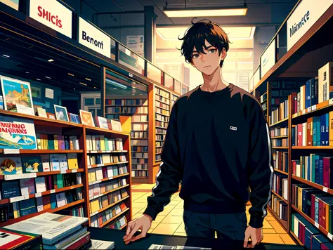 HD clear, best images, illustration quality, super detailed, a young man in a black casual sweatshirt, standing in a bookstore, ...
