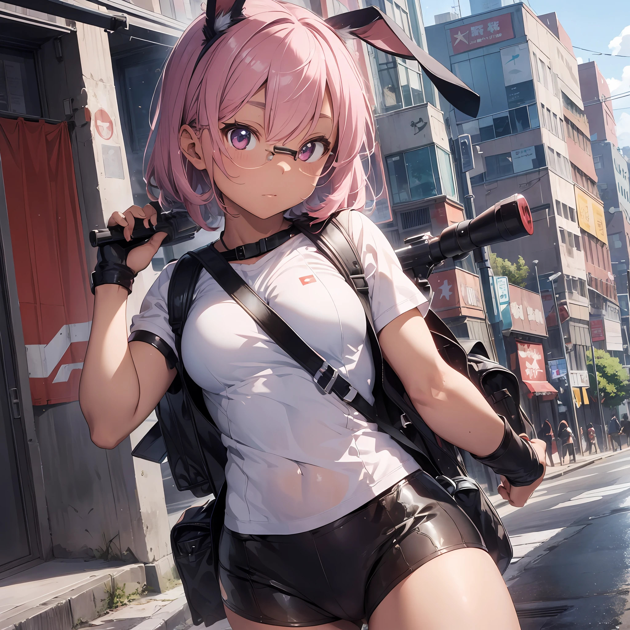 Early morning, city buildings background, sunglasses, red school swimsuit, thick eyebrows, leather backpack, bazooka protruding from the backpack, carrying heavy weapons, (dark skin: 1.3), black gloves, brown skin, movie lighting, small, beautiful light pink hair, rabbit ears, (masterpiece), ((highest quality)), (super detailed), glossy skin, full body anime girl, solo, clean and detailed anime face, High resolution anime eyes, five fingers, textile shading, perfect human structure, perfect anatomy,