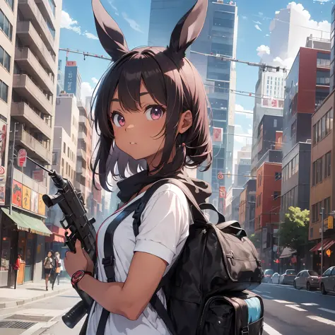 Early morning, city buildings background, sunglasses, red school swimsuit, thick eyebrows, leather backpack, bazooka protruding ...