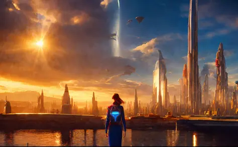 girl with boy on city background, style, Sidon, golden rays light, golden flashes, futuristic sci-fi city landscape, sci-fi, ult...