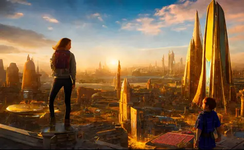 girl with boy on city background, style, Sidon, golden rays light, golden flashes, futuristic sci-fi city landscape, sci-fi, ult...