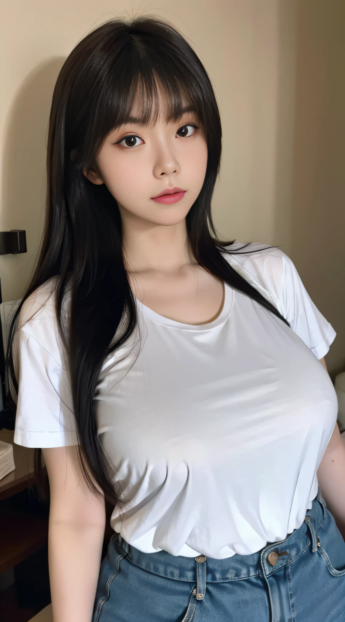 A Chinese woman on background wall, fluffy hair, delicate face, bright, real girl, large aperture, wearing white t-shirt dress, macro shot, plump, slightly fat, very plump, sexy, looking at you, good looking eyes