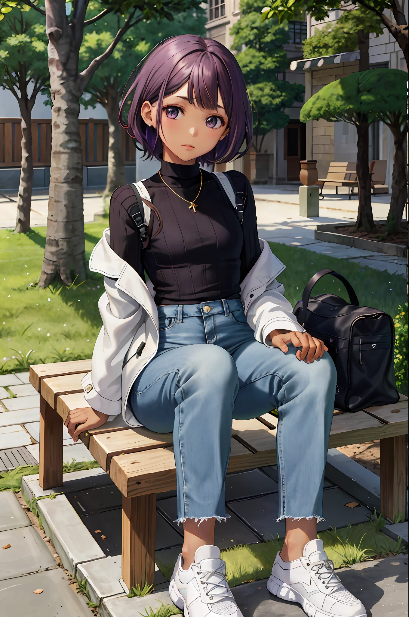 Ray Tracing,Global Illumination,3girl,chibi:1.49, wisteria_purple large eyes, brown, buzz cut,envious _face,light dark skin,flat chest,thick thighs,, High-waisted_denim_mom_jeans, white_turtleneck_sweater, camel_coat, white_sneakers, layered_gold_necklaces, and_a_black_leather_backpack, , Grassy_area_with_trees_and_benches, looking at viewer,