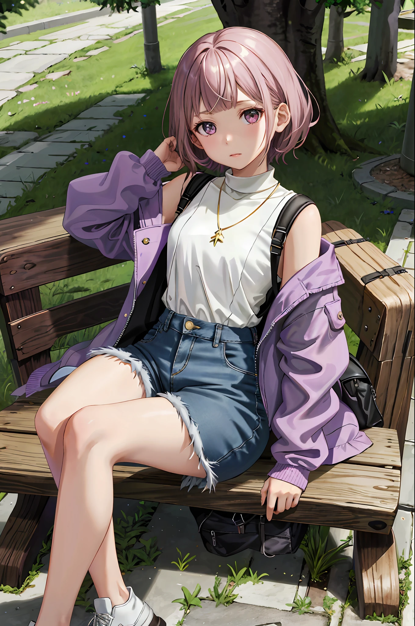 Ray Tracing,Global Illumination,3girl,chibi:1.49, wisteria_purple large eyes, brown, buzz cut,envious _face,light dark skin,flat chest,thick thighs,, High-waisted_denim_mom_jeans, white_turtleneck_sweater, camel_coat, white_sneakers, layered_gold_necklaces, and_a_black_leather_backpack, , Grassy_area_with_trees_and_benches, looking at viewer,