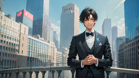 best quality, masterpiece,



(a man), short black hair, silver suit, smiling expression, hotel background, upper body, look at ...