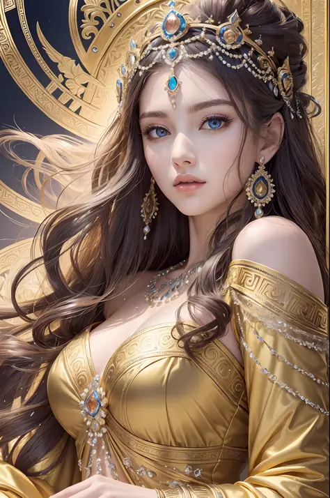 Absurd, ultra-detailed, high quality, masterpiece,  detailed face, beautiful eyes(detailed eyes), Greek mythology, Goddess, Hera , the queen of the gods, striking and captivating, features are classically beautiful, with high cheekbones, a perfectly propor...