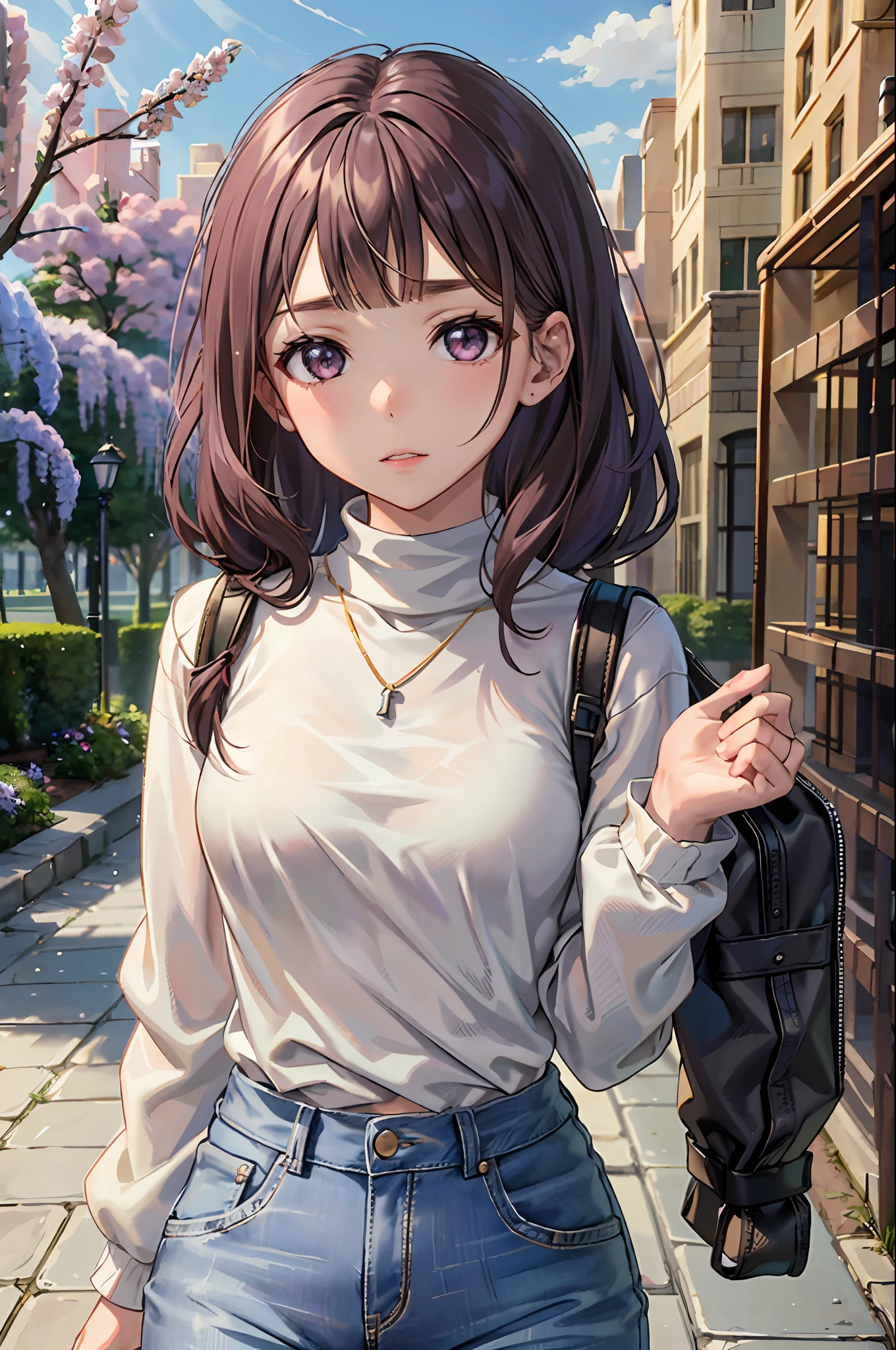 Ray Tracing,Global Illumination,3girl,chibi:1.49, wisteria_purple large eyes, brown, buzz cut,envious _face,light dark skin,flat chest,thick thighs,, High-waisted_denim_mom_jeans, white_turtleneck_sweater, camel_coat, white_sneakers, layered_gold_necklaces, and_a_black_leather_backpack, , Grassy_area_with_trees_and_benches, looking at viewer,