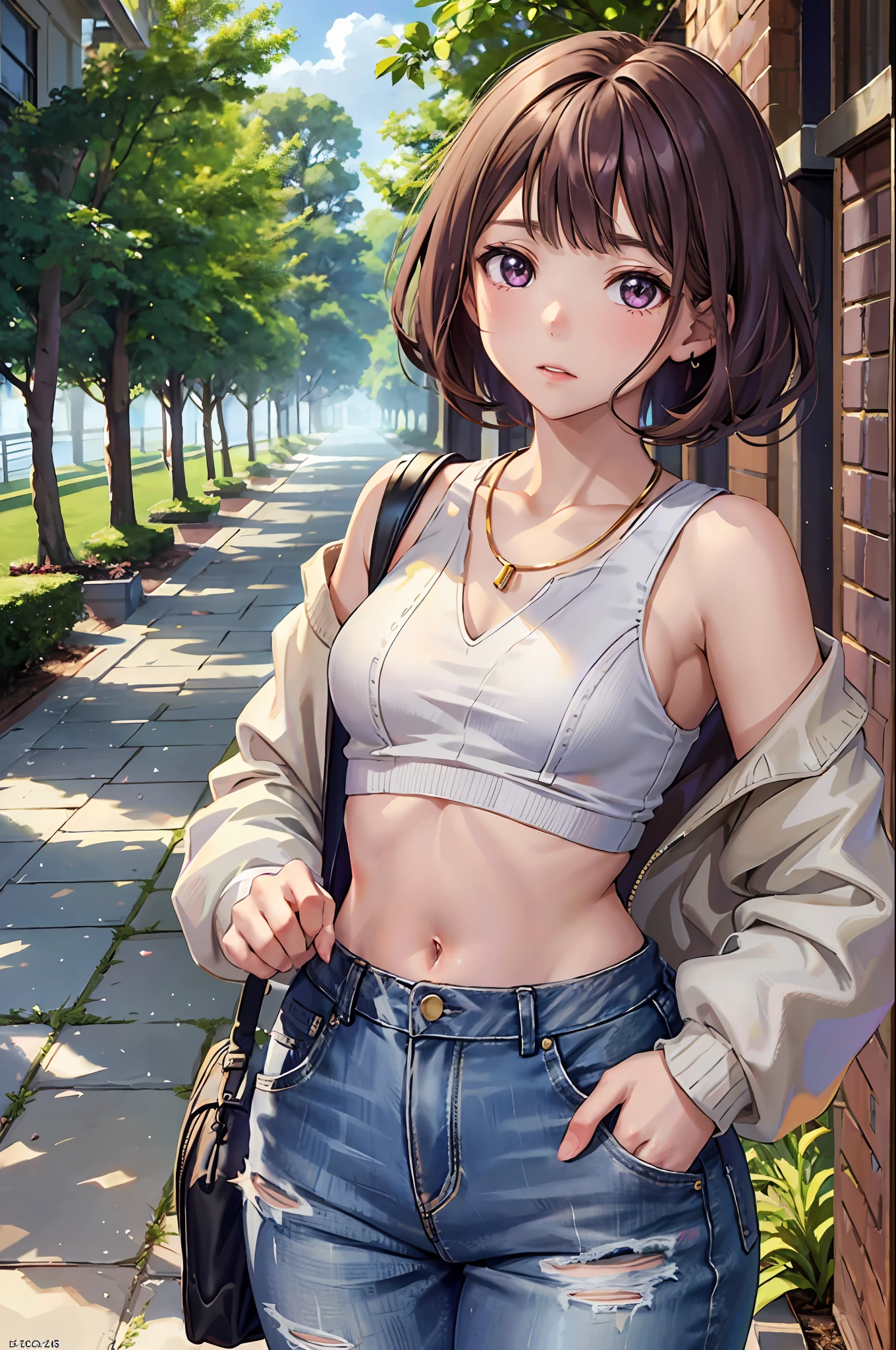 Ray Tracing,Global Illumination,3girl,chibi:1.49, wisteria_purple large eyes, brown, buzz cut,envious _face,light dark skin,flat chest,thick thighs,, High-waisted_denim_mom_jeans, white_turtleneck_sweater, camel_coat, white_sneakers, layered_gold_necklaces, and_a_black_leather_backpack, , Grassy_area_with_trees_and_benches, looking at viewer,