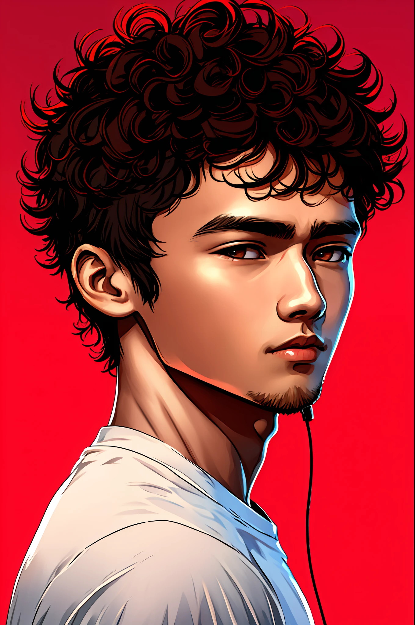 Generate an image of a Thailand boy with very curly fluffy hair only top of head with side fade haircut, handsome portrait style, mad, beautiful eyes, with cable earphones, with red sleeveless Jersey, digital painting, not maculi front view, 4k