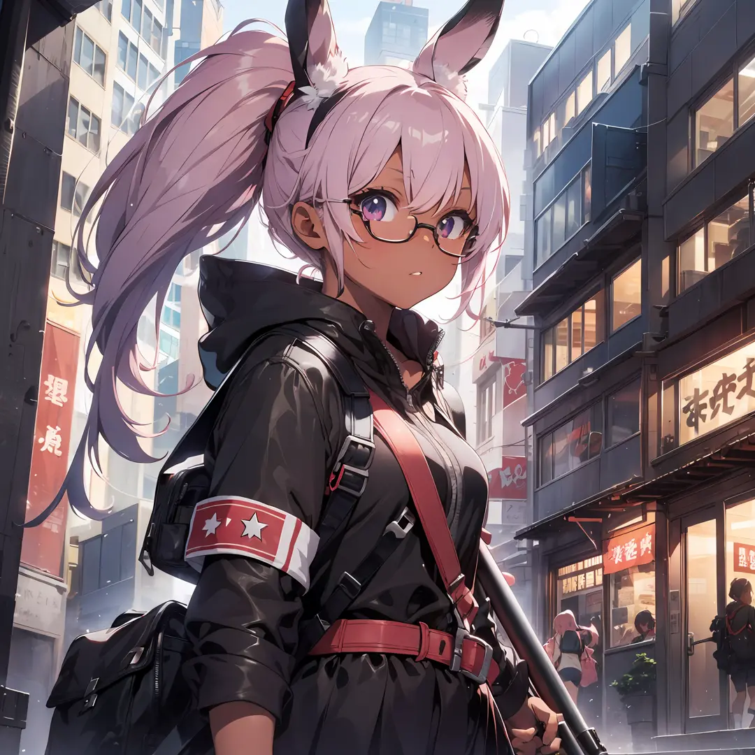 sunglasses, urban buildings background, red school swimsuit, thick eyebrows, leather backpack, bazooka protruding into the backp...