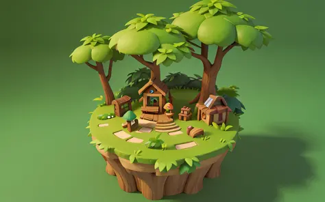 Mini floating island, forest scene, green plants, solid color background, cartoon style, mini game scene design, masterpiece, best quality, 3D