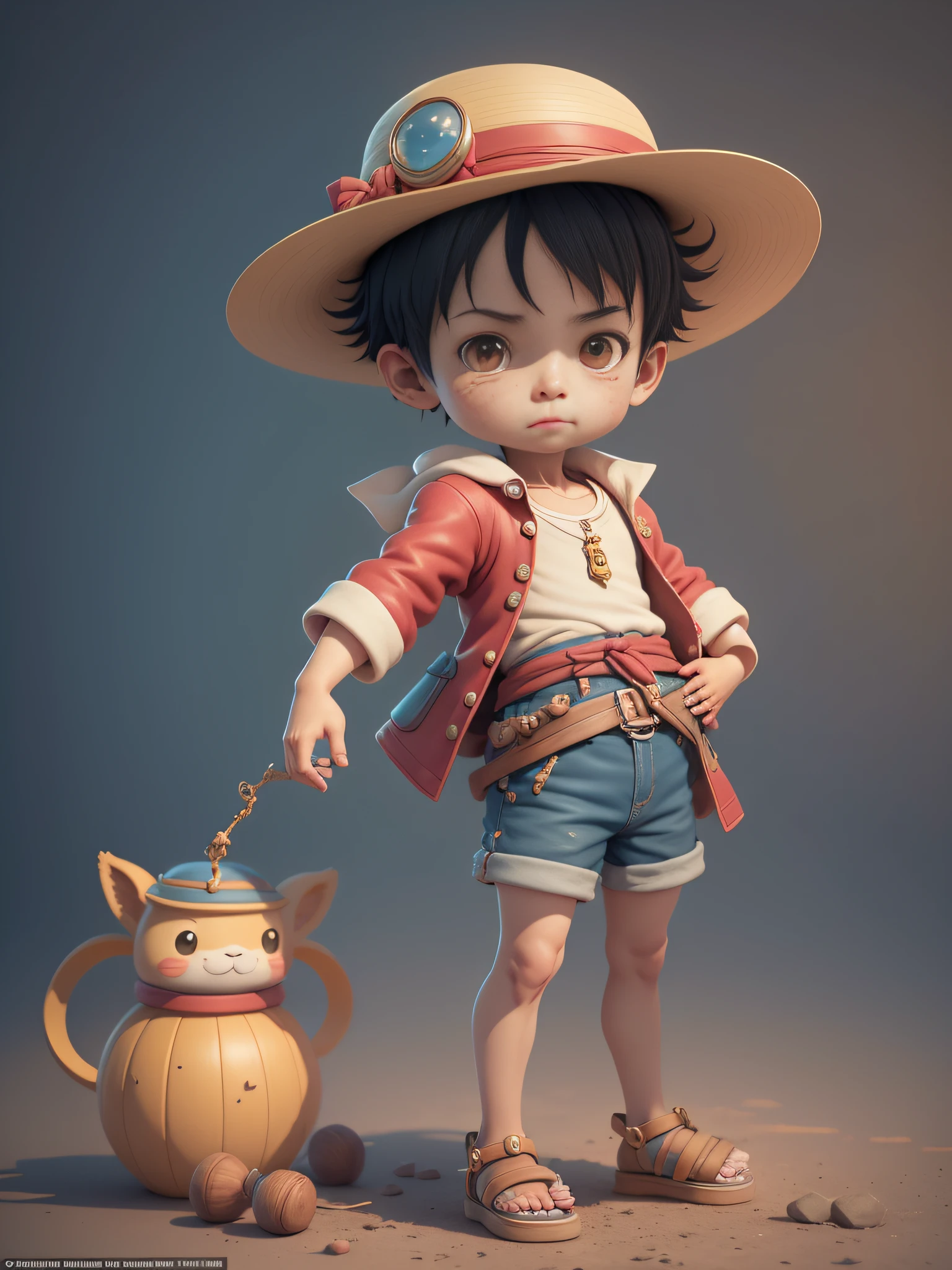 cute 3d render, cute detailed digital art, male explorer mini cute boy, cute digital painting, stylized 3d render, cute digital art, cute render 3d anime boy, luffy the little pirate looks up, cute! c4d, portrait anime sea pirate boy, he is wearing an open long-sleeved red cardigan with four buttons, with a yellow sash tied around his waist, blue shorts with cuffs, sandals, straw hat.