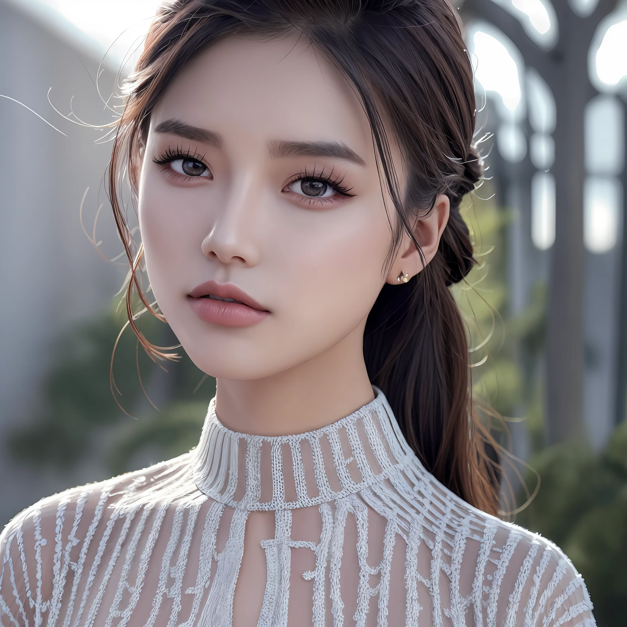 (goddess-like happiness:1.2), Kpop idol, 20 years old, ponytail, (RAW photo:1.2), (photorealistic:1.4), (masterpiece:1.3), (intricate details:1.2), delicate, beautiful detailed, (detailed eyes), (detailed facial features), (turtleneck sweater), petite, small breasts, narrow waist, (looking_at_viewer:1.2), big circle earrings, slim_legs, (skinny), (best quality:1.4), (ultra highres:1.2), cinema light, outdoors, (extreme detailed illustration), (lipgloss, eyelashes, best quality, ultra highres, depth of field, caustics, Broad lighting, natural shading, 85mm, f/1.4, ISO 200, 1/160s:0.75), dynamic pose,