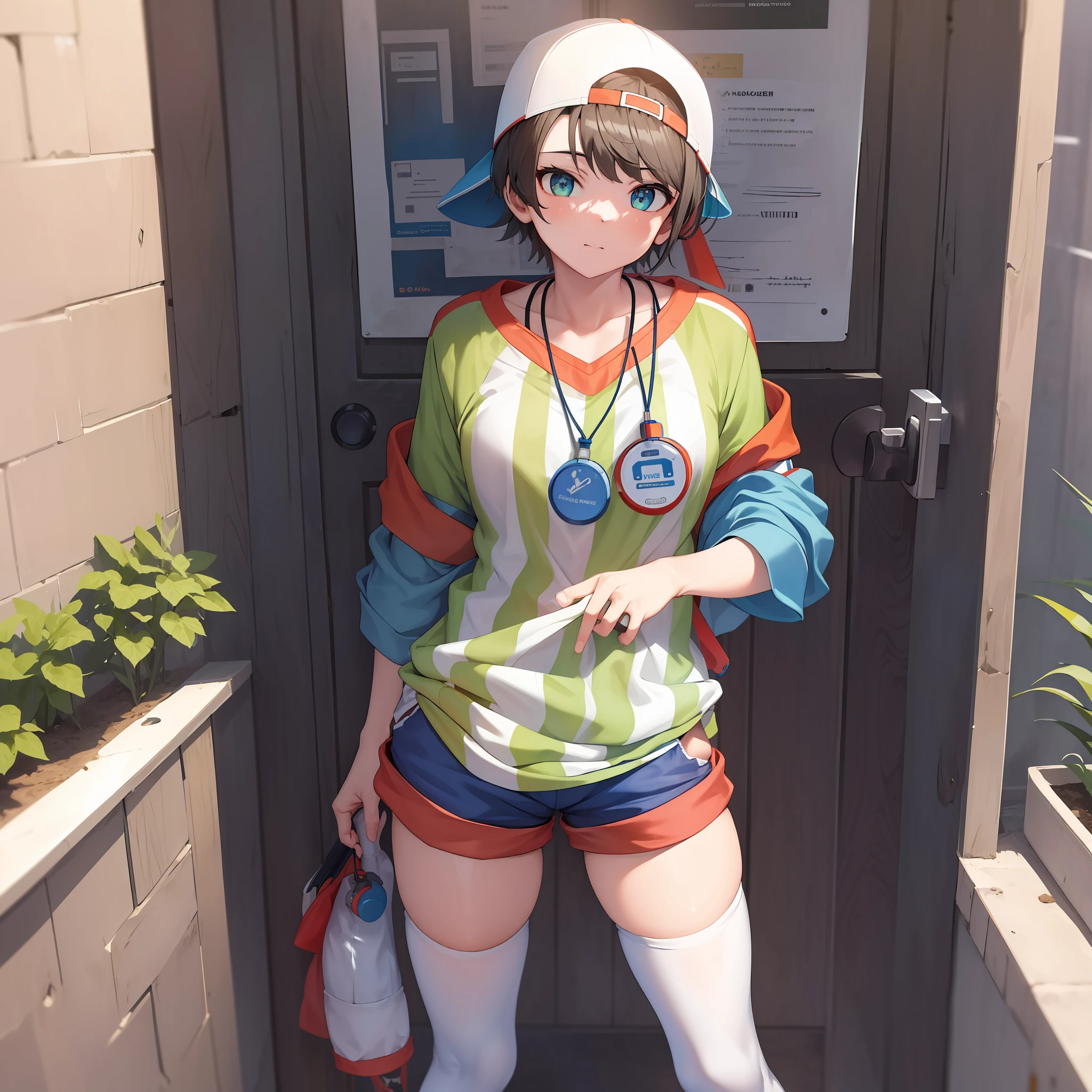 ((Masterpiece)), (Best Quality),subaru_sports, striped shirt, white shorts, baseball cap, whistle, red legwear, white legwear, mismatched legwear, (NSFW: 2.0), Full Body, Solo