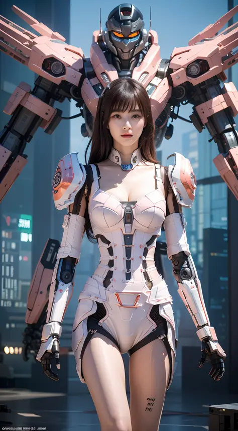 Complex 3d rendering very detailed beautiful ceramic silhouette female robot face, behind stands a huge cherry blossom pink mech...