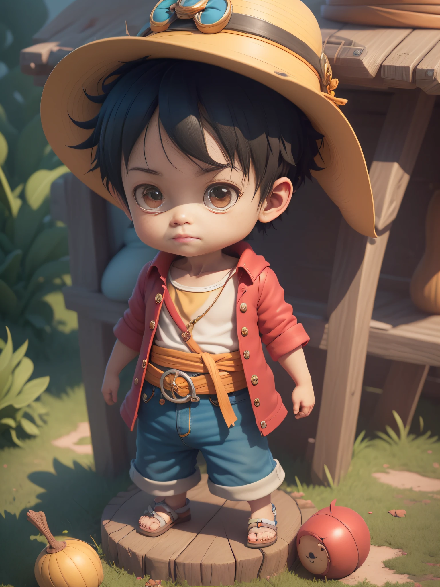cute 3d render, cute detailed digital art, male explorer mini cute boy, cute digital painting, stylized 3d render, cute digital art, cute render 3d anime boy, luffy the little pirate looks up, cute! c4d, portrait anime sea pirate boy, ((he is wearing an open long-sleeved red cardigan with four buttons, with a yellow sash tied around his waist, blue shorts with cuffs, sandals)), ((standing in a pirate ship)).