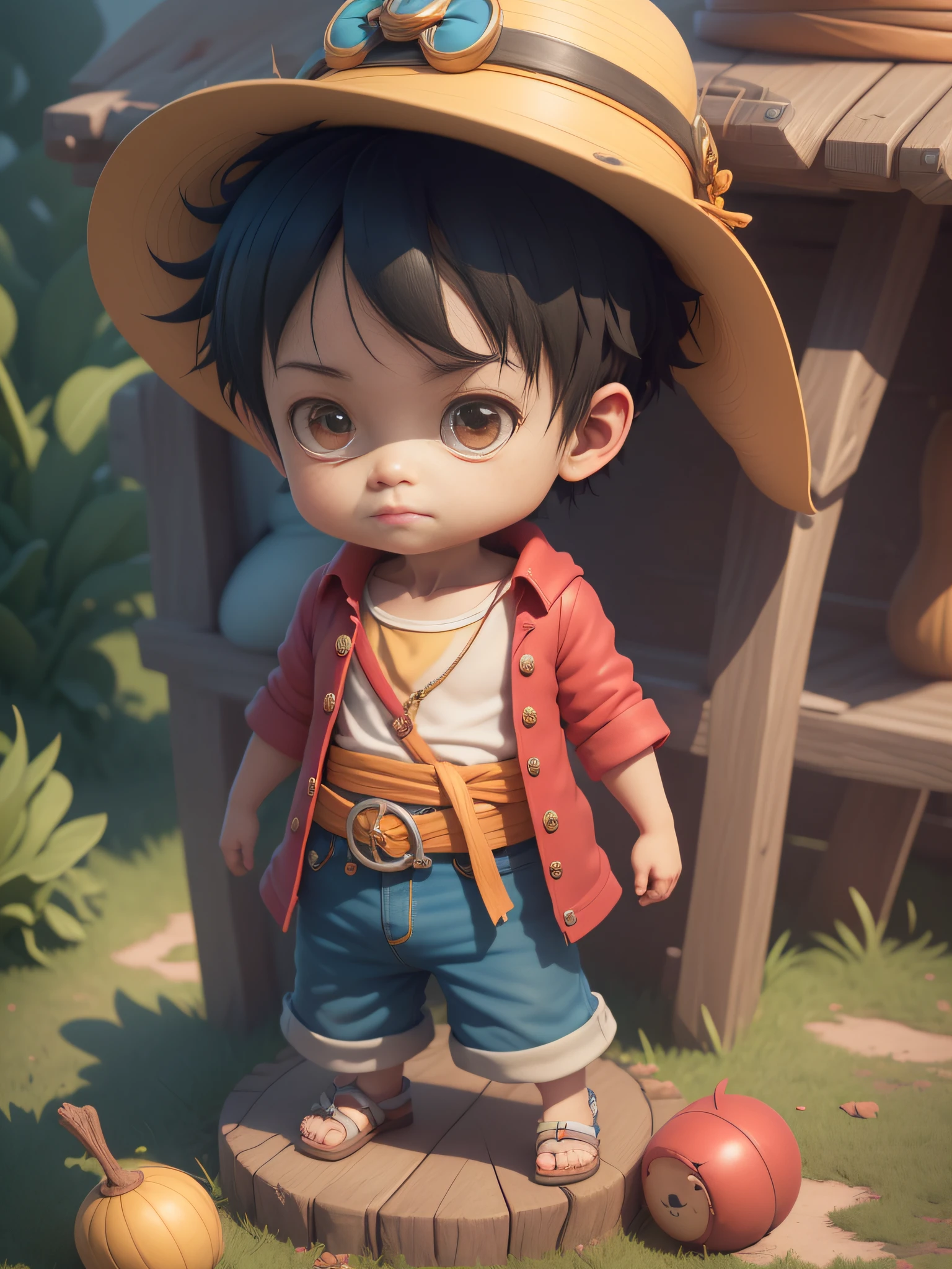 mignon 3d render, mignon detailed digital art, male explorer mini mignon boy, mignon digital painting, rendu 3D stylisé, mignon digital art, mignon render 3d anime boy, Luffy le petit pirate lève les yeux, mignon! C4D, portrait anime mer pirate garçon, ((Il porte un cardigan rouge ouvert à manches longues avec quatre boutons, avec une ceinture jaune nouée autour de sa taille, short bleu avec revers, des sandales)), ((debout dans un bateau pirate)).