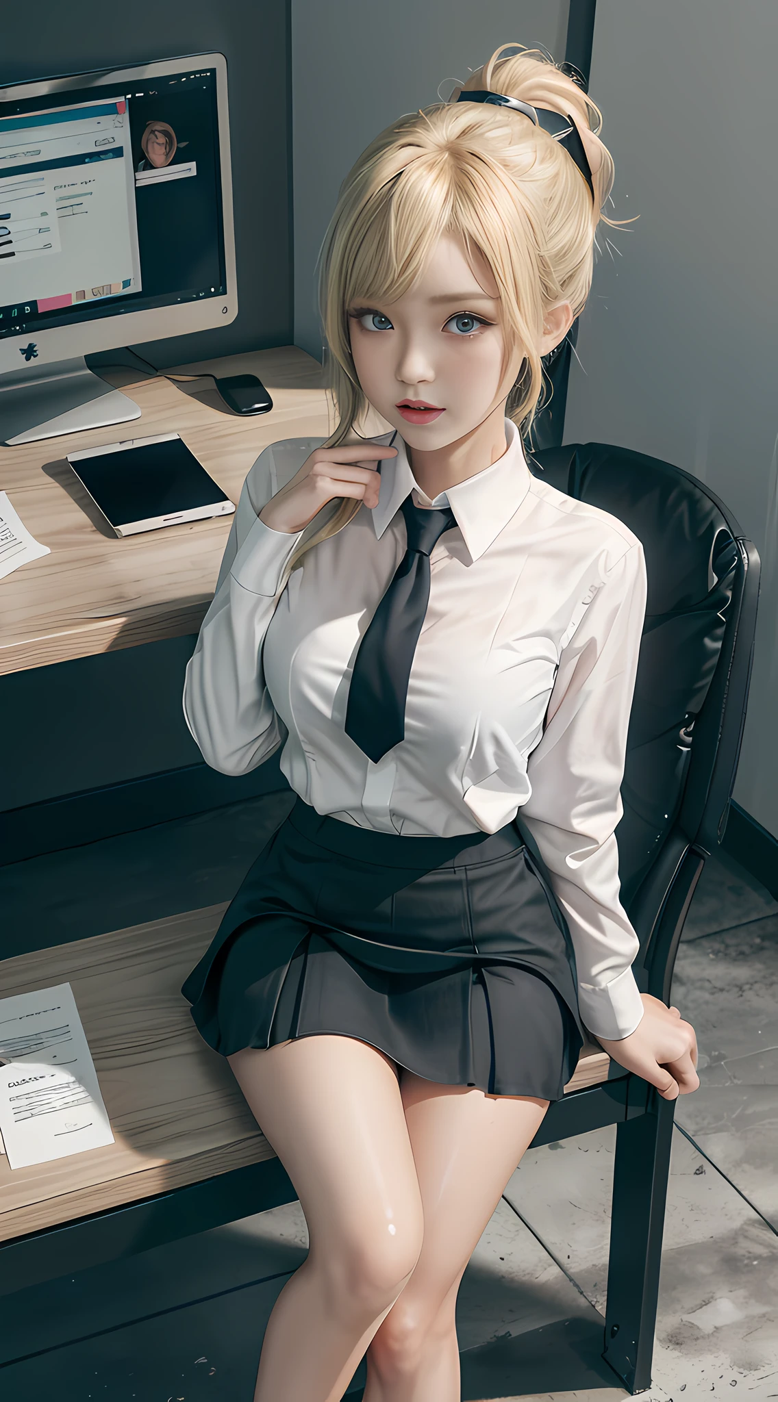 High quality, best quality, masterpiece, 8K, ultra-real, ridiculous, vibrator in panties, 1 girl, office, blonde, business suit, pen holder skirt, standing with legs extended: 1.1, blush, ponytail, wet panties, sitting, wet floor, (open clothes, expose entire breasts, flirt skirt: 1.1),