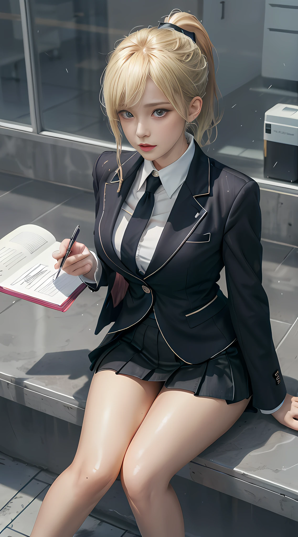 High quality, best quality, masterpiece, 8K, ultra-real, ridiculous, vibrator in panties, 1 girl, office, blonde, business suit, pen holder skirt, standing with legs extended: 1.1, blush, ponytail, wet panties, sitting, wet floor, (open clothes, expose entire breasts, flirt skirt: 1.1),