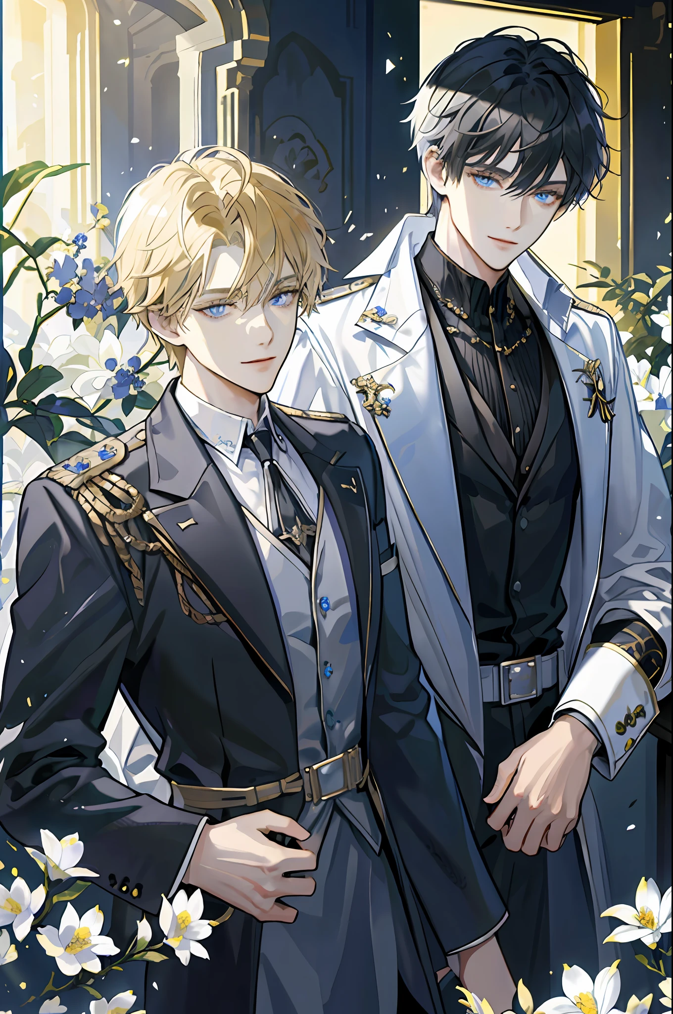 ((Masterpiece: 1.2, top quality)), ((2 men)), short blond hair, blue eyes (handsome: 1.4), white suit, uniform, royalty, tough black knight, short black hair, golden eyes, scar on right eye, black armor, fantasy, forest, blooming flowers, sunlight, fantastic light and shadow, landscape, highly detailed face, portrait, smile