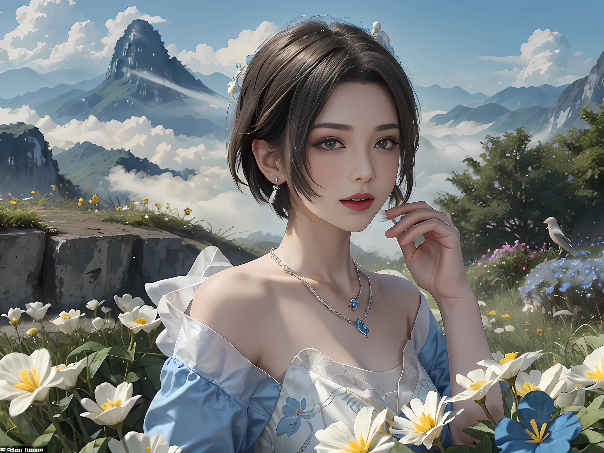 (Looking forward: 1.3), Rackflower, (wearing red wedding dress: 1.4), BREAK 1 girl, (gray hair, short hair), chuckling, break (holding flowers, blue flowers, clouds, sky, fog, Vietnamese mountain view, gardens around Vietnam, birds around Vietnam: 1.3), BREAK night light, drama light, earrings, necklace, bracelet