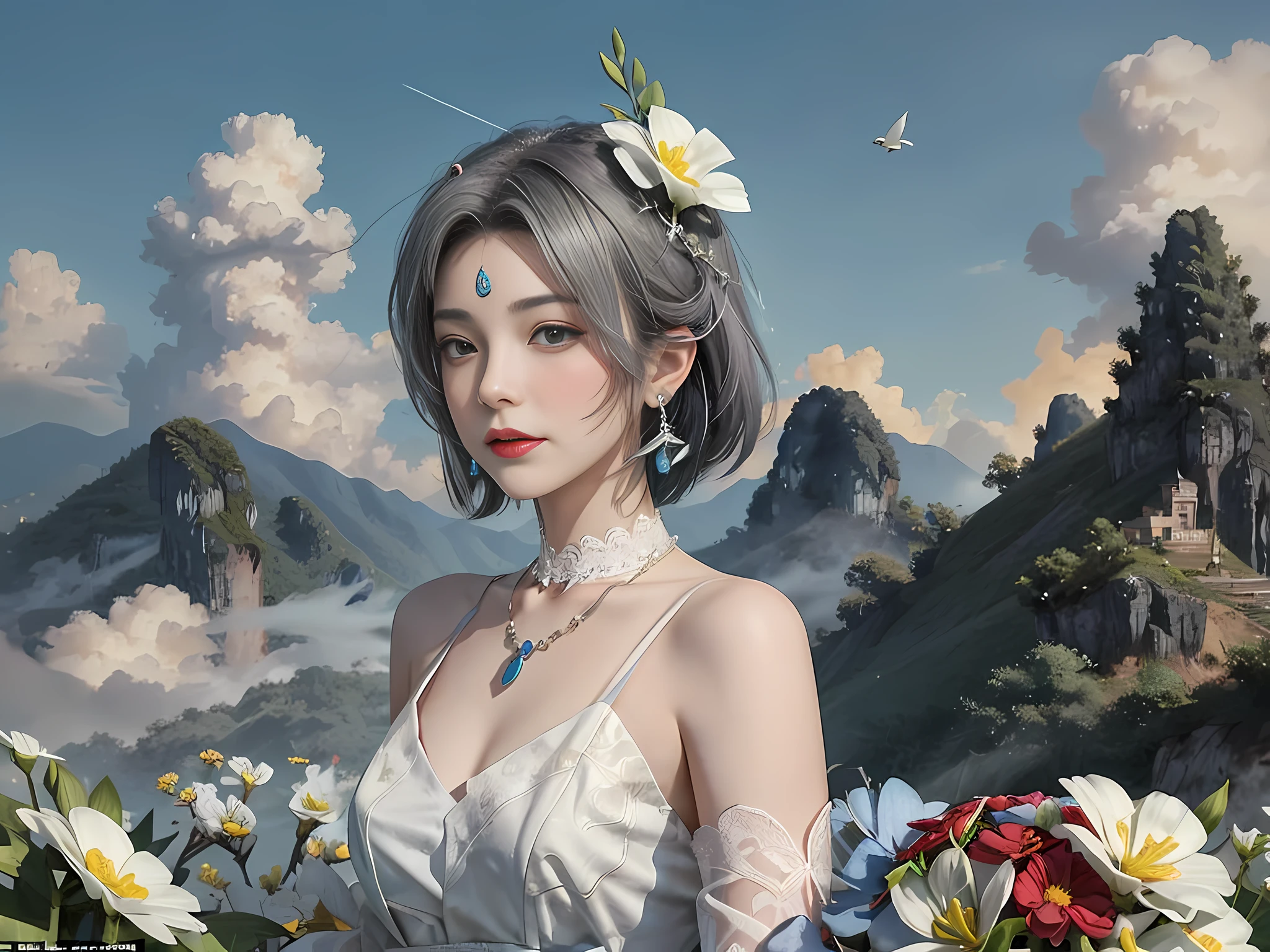 (Looking forward: 1.3), Rackflower, (wearing red wedding dress: 1.4), BREAK 1 girl, (gray hair, short hair), chuckling, break (holding flowers, blue flowers, clouds, sky, fog, Vietnamese mountain view, gardens around Vietnam, birds around Vietnam: 1.3), BREAK night light, drama light, earrings, necklace, bracelet