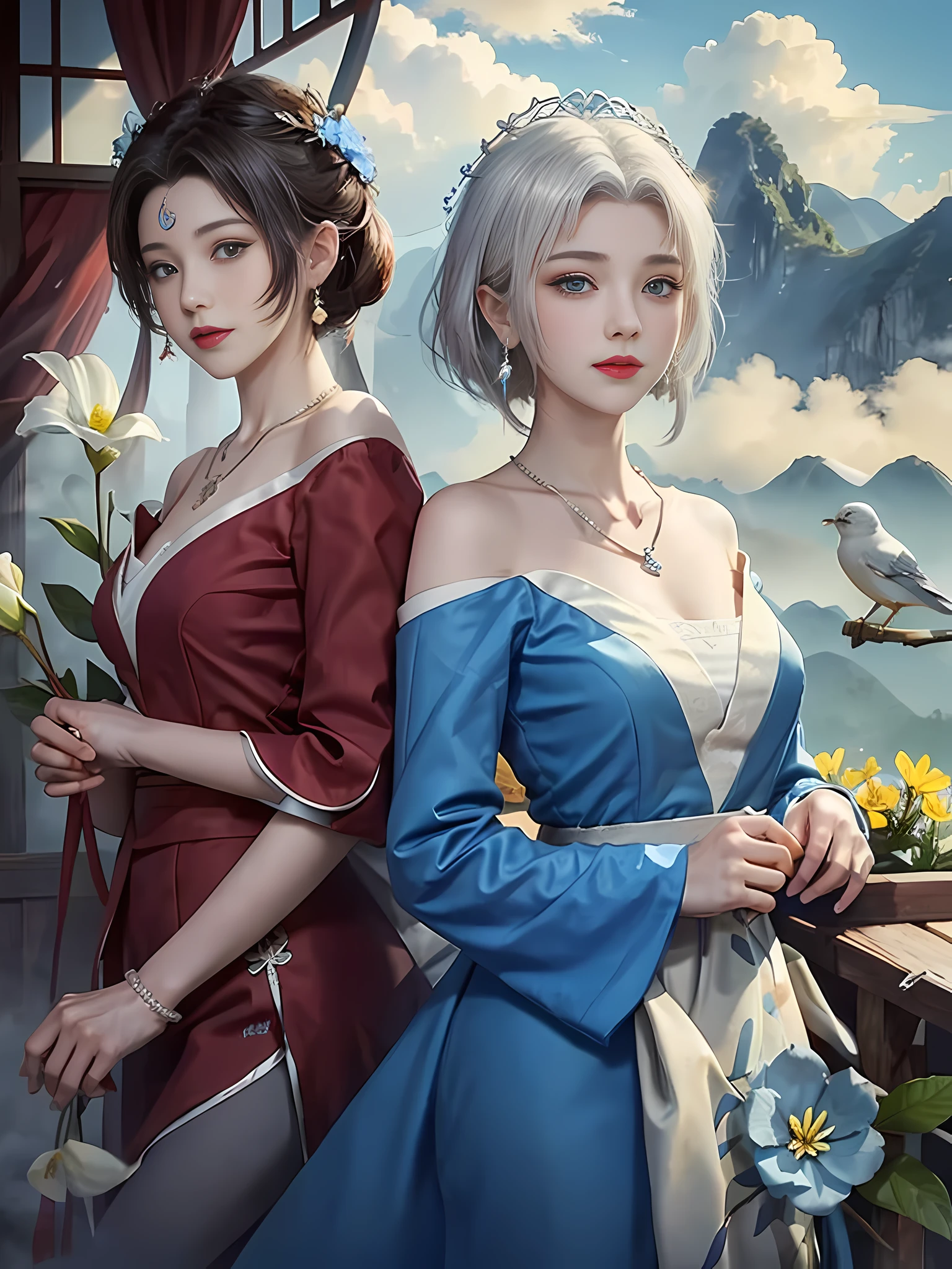 (Back: 1.3), Rackflower, (Wearing Red Wedding Dress: 1.4), BREAK 1 Girl, Full Body, (White Hair, Short Hair), Chuckling, BREAK (Holding Flowers, Blue Flowers, Clouds, Sky, Fog, Vietnamese Mountain View, Gardens Around Vietnam, Birds Around Vietnam: 1.3), BREAK Night Light, Drama Light, Earrings, Necklace, Bracelet