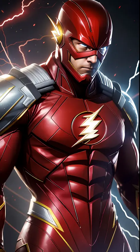 The Flash (Injustice 2), best quality, high resolution, tall, muscular, hunk, white plates and scarlet red neon suit, big glowing yellow eyes, standing powerfully pose, yellow lightning trail, detailed face, detailed suit, ultra detailed, masterpiece, tunn...