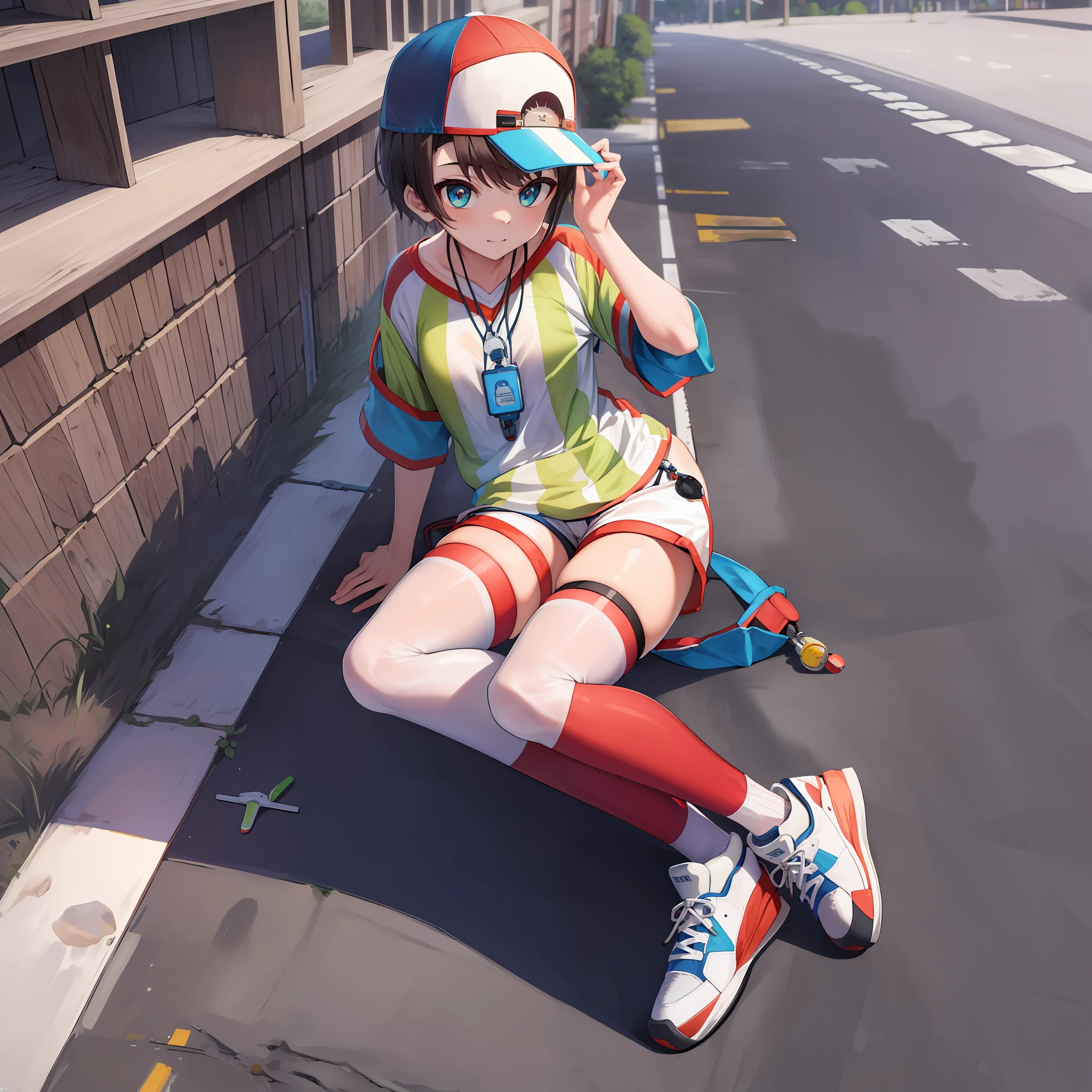 ((Masterpiece)), (Best Quality),subaru_sports, striped shirt, white shorts, baseball cap, whistle, red legwear, white legwear, mismatched legwear, (NSFW: 2.0), Full Body, Solo