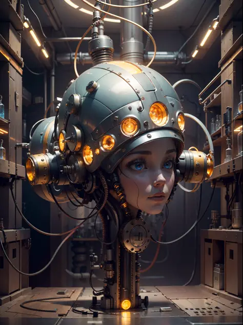 (((wide view)))), (((A mechanical female head floating in the laboratory))), in the center of the room floats a robot head, (((head and body separate))), its smooth metal surface reflects a dazzling variety of lights, illuminating the room. Pipes and pipes...