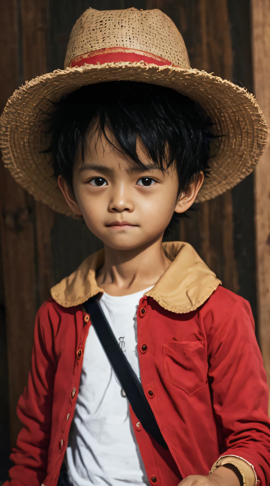 Luffy tem cabelo preto desgrenhado, olhos negros redondos, e uma construção muscular esbelta. Ele é conhecido por seu chapéu de palha, marca registrada, que lhe foi emprestado quando era jovem pelo lendário capitão pirata, "ruivo" Pernas,[35] que por sua vez o recebeu de Gol D. Rogério.[43] Luffy usa um aberto, cardigã vermelho de manga comprida com quatro botões, com uma faixa amarela amarrada na cintura (lembra um pouco o Gol D. Rogério's outfit). Luffy também tem um (cicatriz embaixo do olho esquerdo), which he earned as a  by stabbing his face to show Pernas that he was tough enough to be a pirate.[44] Ele foi gravemente ferido por Akainu na Guerra da Cúpula de Marineford.,[45] deixando uma grande cicatriz em seu peito.[46]