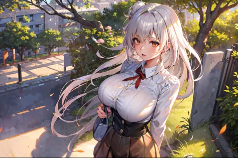 anime - style image of one sexy busty woman in a short brown skirt and long white shirt, close up smooth anime cg art, trees cit...