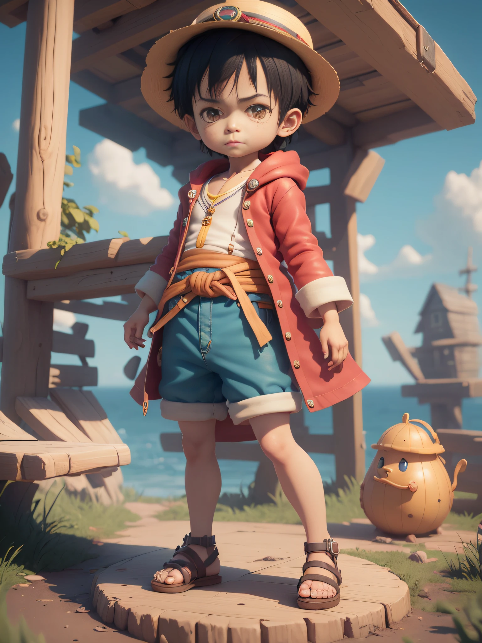 cute 3d render, cute detailed digital art, male explorer mini cute boy, cute digital painting, stylized 3d render, cute digital art, cute render 3d anime boy, luffy the little pirate looks up, cute! c4d, portrait anime sea pirate boy, ((he is wearing an open long-sleeved red cardigan with four buttons, with a yellow sash tied around his waist, blue shorts with cuffs, sandals)), ((standing in a pirate ship)).