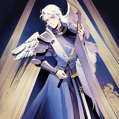 knight, young men, sword holding , schield holding, angel, silver hair, blue eyes, portrait, 1character, full body