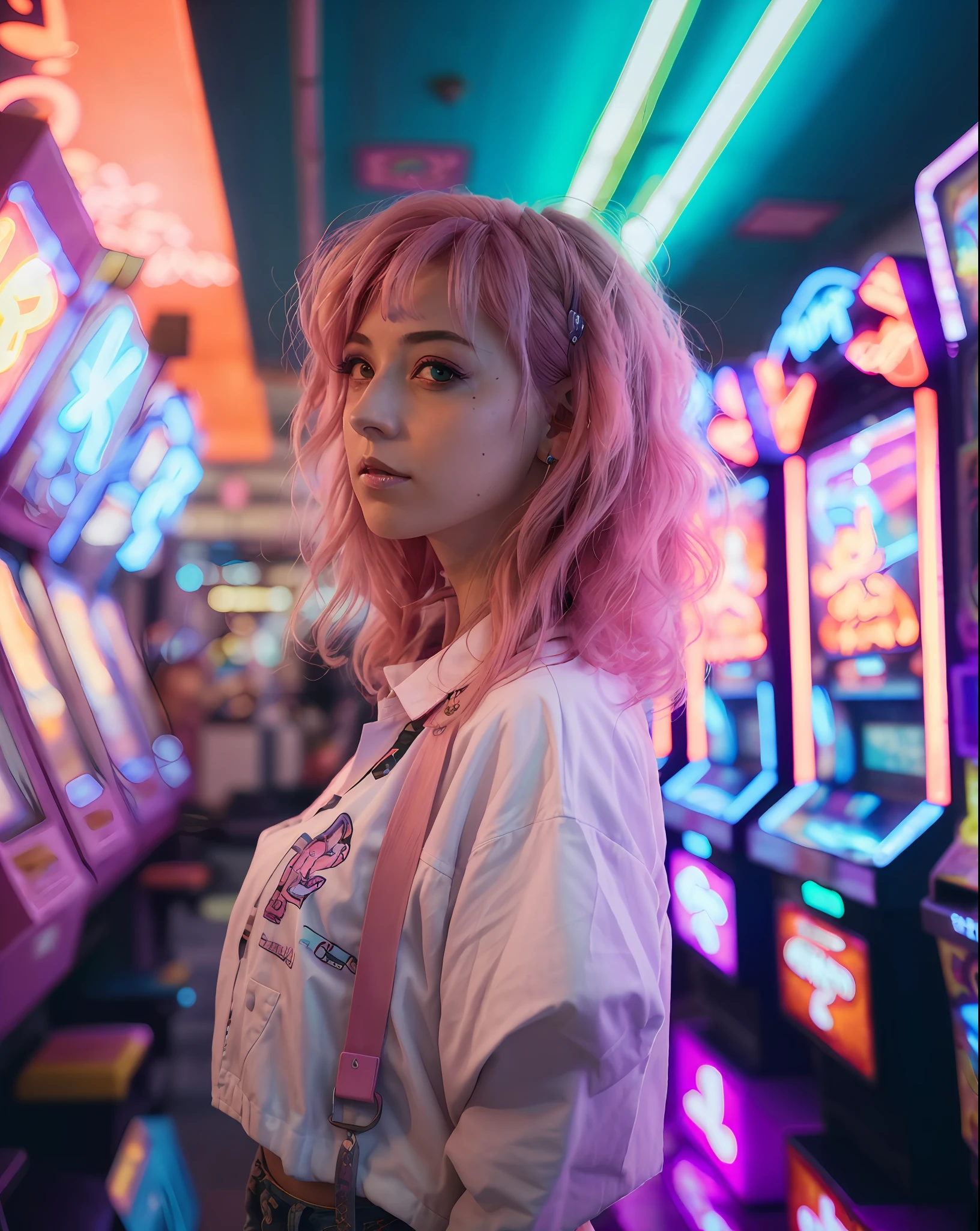 arafed woman with pink hair standing in front of Arcade gaming center, dreamy colorful cyberpunk colors, retro pink synthwave style, pastel synthwave, synthwave aesthetic, retro-wave vibes, dreamy cyberpunk girl, cyberpunk vibe, aesthetic cyberpunk, pink neon lights, cyberpunk vibes, 8 0 s anime vibe, lofi girl aesthetic, cyberpunk with neon lighting, lofi girl