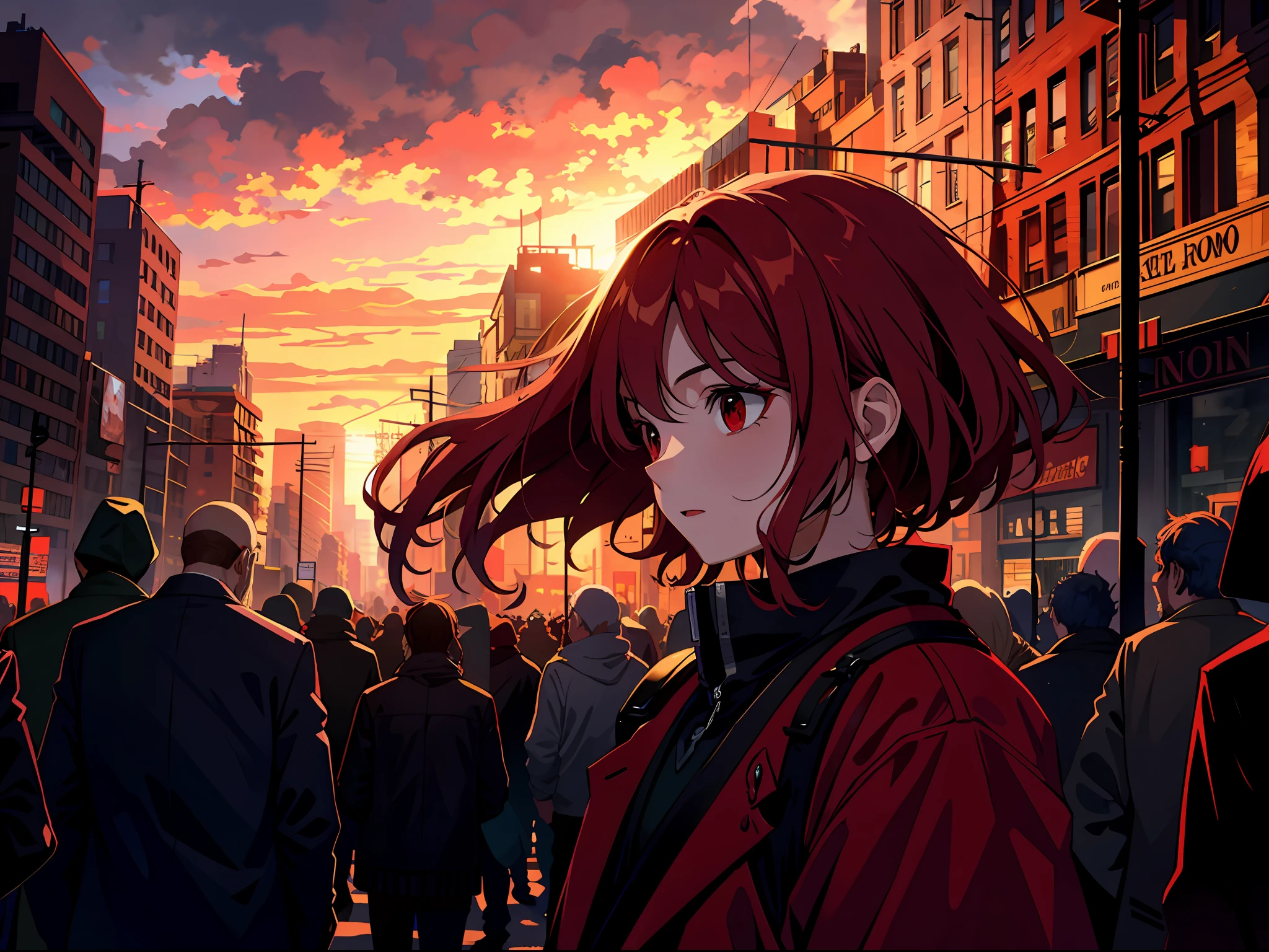 High resolution, highest quality, illustrations, super detail, blood red sky, monster shadows looming in the clouds, city, crowd of terrified crowds on the streets