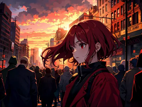 high resolution, highest quality, illustrations, super detail, blood red sky, monster shadows looming in the clouds, city, crowd...